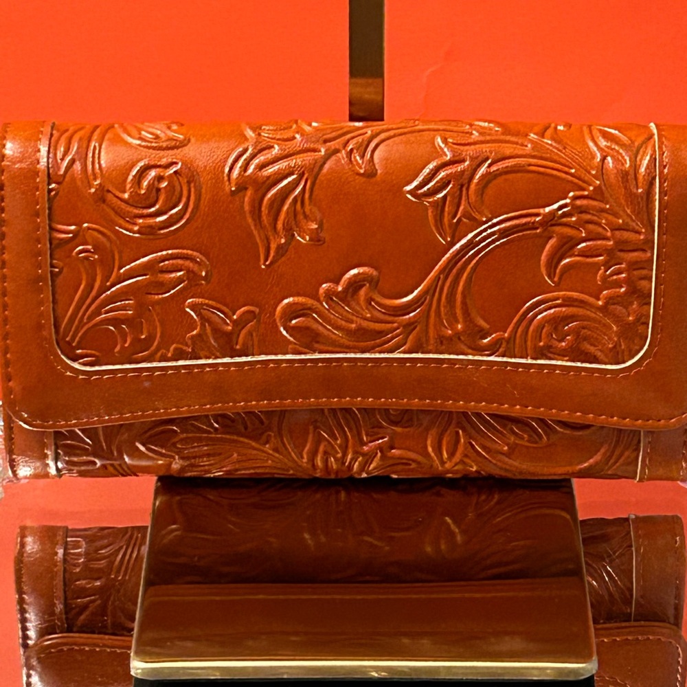 Embossed Leather Wallet Clutch in Cognac Brown